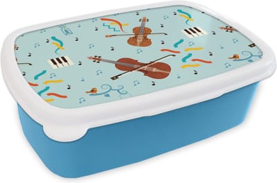 Broodtrommel Blauw - Lunchbox - Brooddoos - Muziek - Cello - Noten - 18x12x6 cm - Kinderen - Jongen