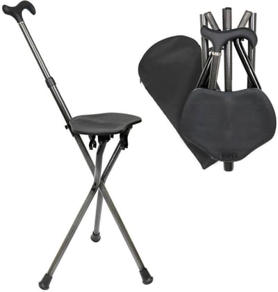 Quvo® Opvouwbare wandelstok met zitje – in hoogte verstelbaar – driepoot wandelstok tot 90 kg – ergonomisch handvat – antislip stoelstok- Zwart -23cm x 23cm x 94cm