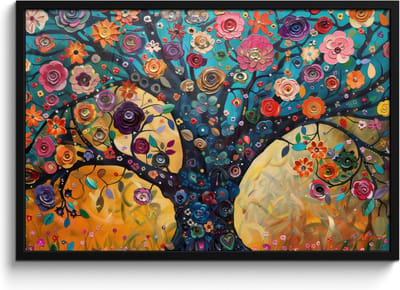 Poster in lijst - Fotolijst 90x60 cm - Posters - Boom - Levensboom - Kleurrijk - Bloemen - Modern - Posterlijst zwart - Decoratie - Wanddecoratie woonkamer - Muurdecoratie slaapkamer