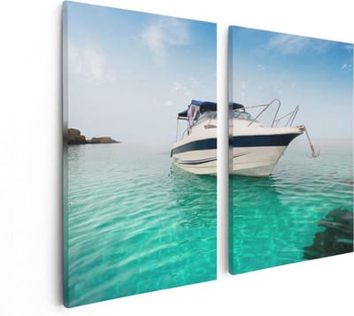 Artaza Canvas Schilderij Tweeluik Motorboot aan het Strand met Blauw Water - 80x60 - Foto Op Canvas - Canvas Print