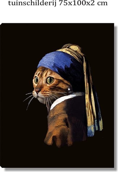 Tuin canvas kunstwerk schilderij - 75x100x2 cm - tuindoek - poes met parel - tuinschilderij - tuindecoratie - meisje - kat