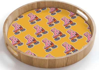 Dienblad rond 40x40 cm - Schootdienblad hout - Geel - Rolschaatsen - Patroon - Borrelplank rechthoek - Plateau houten dienbladen