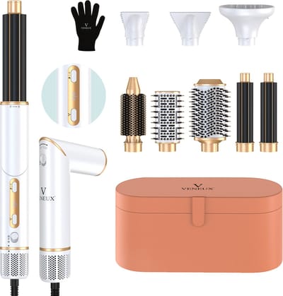 VENEUX® 8 in 1 Föhnborstel - Airstyler - Krulborstel - Multistyler - Diffuser Föhn - Wit / Goud - met Bruine Case