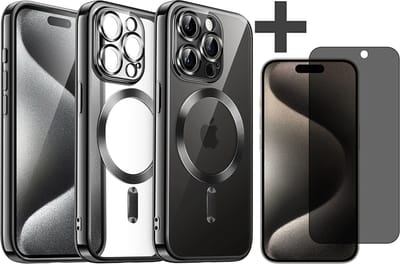 Hoesje met Privacy Screenprotector Geschikt voor iphone 15 Pro Hoesje - Geschikt voor MagSafe - Arara siliconen Backcover - Zwart