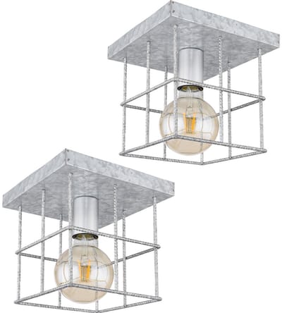 Plafondlamp 1 vlam plafondlamp woonkamer industriële spot E27, metalen rooster zinkkleurig, 1x E27 fitting, LxBxH 20x20x20 cm, set van 2