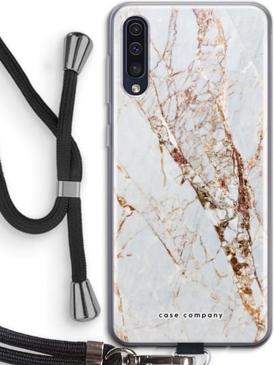 Case Company® - Hoesje met koord geschikt voor Samsung Galaxy A50 hoesje met Koord - Goud marmer - Telefoonhoesje met Zwart Koord - Bescherming aan alle Kanten en Over de Schermrand