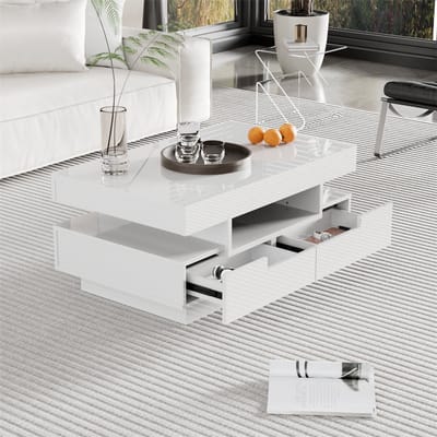 YEHTOKHOME Hoogglans Salontafel wit - Koffietafel met opbergruimte en LED Verlichting - Bijzettafel met 4 lades - 80x50x36 cm