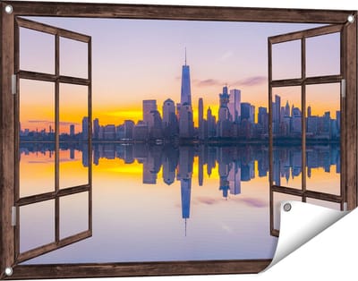 Gards Tuinposter Doorkijk New York Skyline bij Zonsopgang - 90x60 cm - Tuindoek - Tuindecoratie - Wanddecoratie buiten - Tuinschilderij