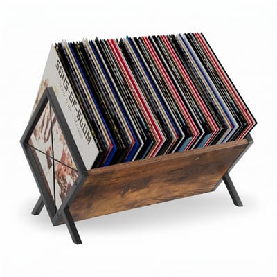 LifeLux LP Houder – Eikenhouten Platenrek met Zwart Staal – LP opbergsysteem / platenhouder vinyl Flip-Through Design – ca. 50 LP’s – LP kast