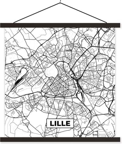 Posterhanger incl. Poster 60x60 cm - Schoolplaat - Lille - Stadskaart - Frankrijk - Kaart - Plattegrond - Zwart wit - Textielposter - Zwarte latten - Stadskaart