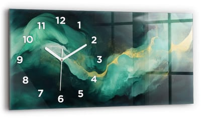 Wallfluent Wandklok - Groen marmer Klok met Afbeelding - 60 cm x 30 cm - Groente Wandklok - Witte Handen - Wandklok Met Cijfers - Stille Wandklok Slaapkamer - Glazen Klok Rechthoekige - Minimalistisch Wandklok - Klok met Afbeelding