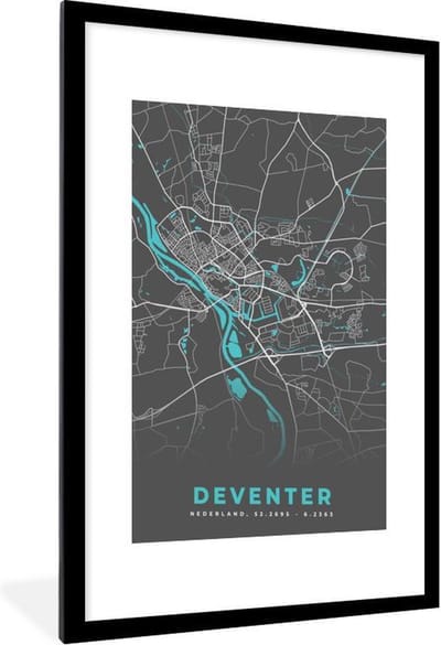 Fotolijst incl. Poster - Plattegrond - Deventer - Grijs - Blauw - 60x90 cm - Posterlijst - Stadskaart
