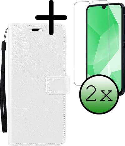 Hoesje Met 2x Screenprotector - Geschikt voor Samsung Galaxy A16 - Luxe Pasjeshouder - Bookcase Portemonee - Flip Case - Kunstleer Book Case - Flipcase Hoes - Book Cover - Walletcase - Portemonneehoes - Wit