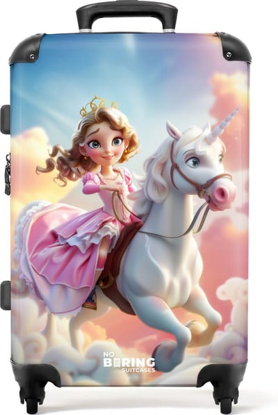 NoBoringSuitcases.com® - Kinderkoffer meisje - Prinses op witte eenhoorn - Kindertrolley meisjes - Koffer kind groot - Rolkoffer lichtgewicht - Reiskoffer met 4 wielen - Grote trolley XL - 20 kg bagage