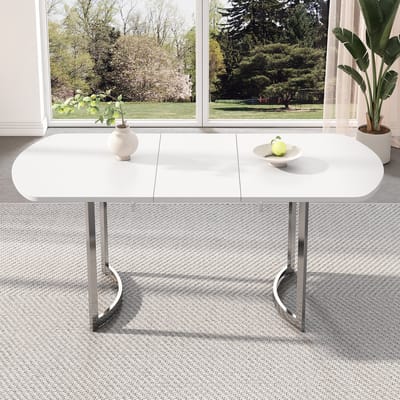 DESMIU Eettafel Uitschuifbaar Voor 4 Tot 6 Personen Modern Design Voor Woonkamer En Eetkamer MDF Wit Met Zilverkleurige Poten 140 Tot 180 X 80 Cm