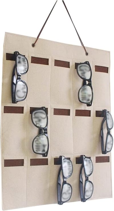 Opbergrek zonnebrillen - Brillenhouder - Netjes opbergen - 15 vilten vakken - 40 x 40 cm - Grijs