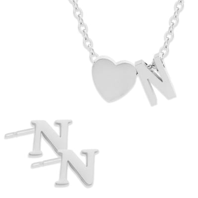 Initiaal Ketting & Oorbellen set met Letter N ZIlverkleurig - Stainless Steel - Met letter & Hartje! - 2x Sieraden Cadeau - Pax Amare