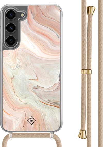 Casimoda® hoesje met beige koord - Geschikt voor Samsung S23 Plus - Marmer Waves - Afneembaar koord - TPU/polycarbonaat - Bruin/beige