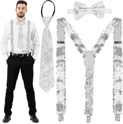 Set van 3 Pailletten, Pailletten Bretels en Pailletten Stropdas voor Kostuums, Feestaccessoires voor Volwassenen, Jazz, Hip Hop en Carnaval