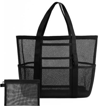 Dailygoods- Strandtas XXL - Strandtas met rits - Familie tas - Grote bad tas - Zwemtas - Opberg tas - Mesh zak