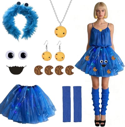 Vrouwelijk Cookie Monster Kostuum met Hoofdband, Koekjesketting en Lichtblauwe Tule Rok voor Carnaval en Themafeesten