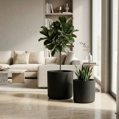Pugsdrly Set van 2 ronde betonnen plantenbakken, grote handgemaakte rustieke decoratieve plantenpotten voor binnen en buiten met afwateringsgaten voor thuis, tuin en terras, 34 x 32 cm & 40 x 40 cm (zwart)
