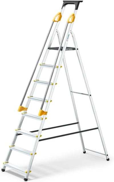 Trapladder met 8 treden - beveiligd - hellingen - gereedschapshouder - inklapbaar - aluminium - platformhoogte 162 cm Trapladder