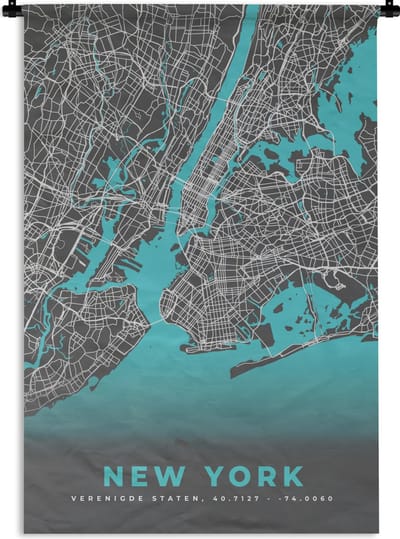 Wandkleed - Wanddoek - New York - Stadskaart - Blauw - Plattegrond - Kaart - 120x180 cm - Wandtapijt