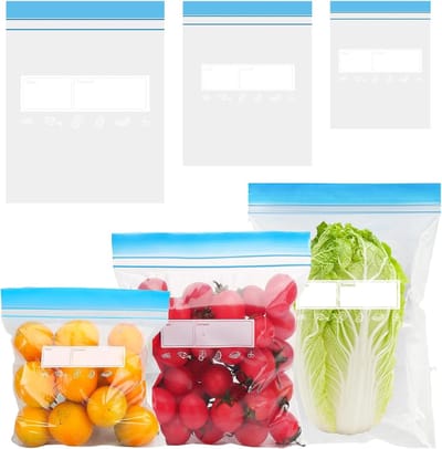 Famanu 70 stuks herbruikbare opbergzakken met ritssluiting voor levensmiddelen - diepvrieszakken met ritssluiting voor fruit, groenten, vlees, granen en snacks - klein/medium/groot