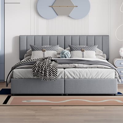 KOMHTOM Bed Gestoffeerd bed Tweepersoonsbed 180x200 cm hydraulisch opbergbed huidvriendelijke linnen hoge bedstee grijs