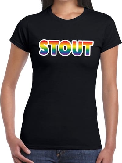 Stout gay pride t-shirt zwart met regenboog tekst voor dames - Gay pride/LGBT kleding XS