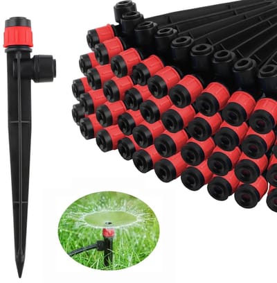 Verstelbare Drup Irrigator voor Waterbevloeiing, 360 Graden Sprinkler voor 1/4 Inch Slangen, Drip Irrigation Emitter voor Tuinplanten en Bloemen (50 Stuks, Rood)