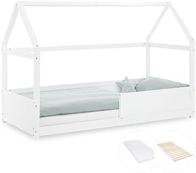 Homestyle4u Kinderbed 90x200 cm - Vloerbed met matras - Huisbed Wit