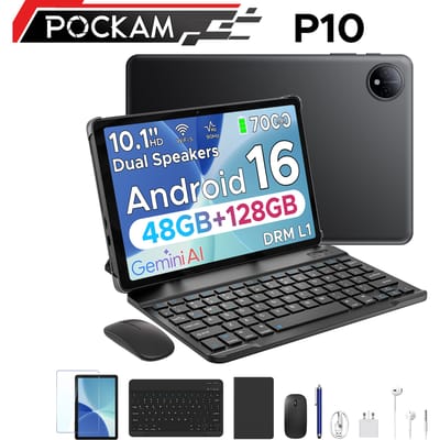 POCKAM P10 TAB - Gemini AI Tablet - 48 GB RAM (8+40 GB) + 128 GB ROM - 10,1 inch HD- Android 16 - 7000mAh - Quad-Core T310 - Dubbele luidsprekers - Volledige accessoirebundel met toetsenbord en stylus