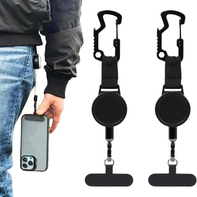 OIMG Smartphone Veiligheidskoord - 2 stuks - Anti-diefstal telefoonkoord - Geschikt voor elke telefoon - Uittrekbaar Koord - Verlenging 65 cm - universele - Voor Outdoor Accessoire Wandelen Fietsen Klimmen - Wolfshoektandtype - zwart