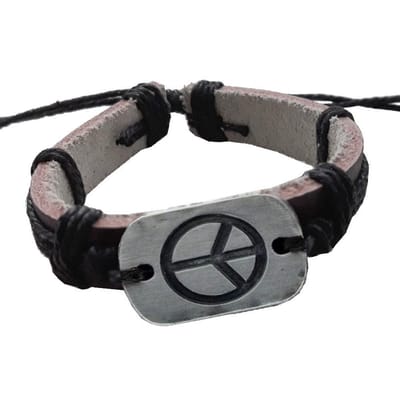 Fako Bijoux® - Leren Armband - Leder - Peace - Zwart