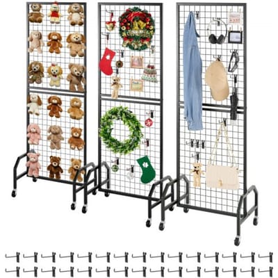 VEVOR Grid Wandpanelen 60 x 164 cm 3 stuks Rolbare Displaystandaard met 30 Haken, Displayplanken van Koolstofstaal, Kunsttentoonstellingsplank voor Decoratieopslag Zwart