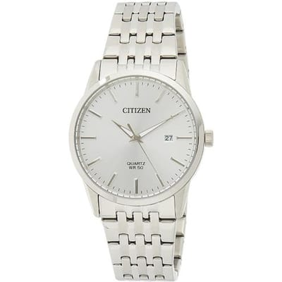 CITIZEN 50 meter waterdicht kwartsglas roestvrijstalen kast Kwarts Stalen band herenhorloge zilveren wijzerplaat BI5000-87A zilver