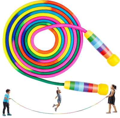 longziming -Touwspelen - Touw - Groepstouw - 5 Meter Lange Kabel - Instelbare Lengte - Zacht Katoen - Regenboog Design - Veilige Houten Grepen - Binnen En Buiten Gebruik - 1 Stuks