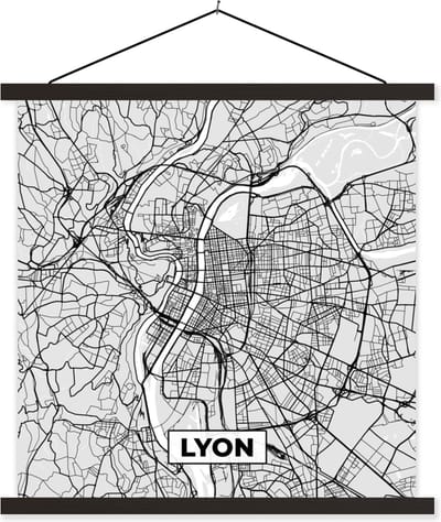 Posterhanger incl. Poster 60x60 cm - Schoolplaat - Frankrijk - Lyon - Stadskaart - Plattegrond - Kaart - Textielposter - Zwarte latten - Stadskaart