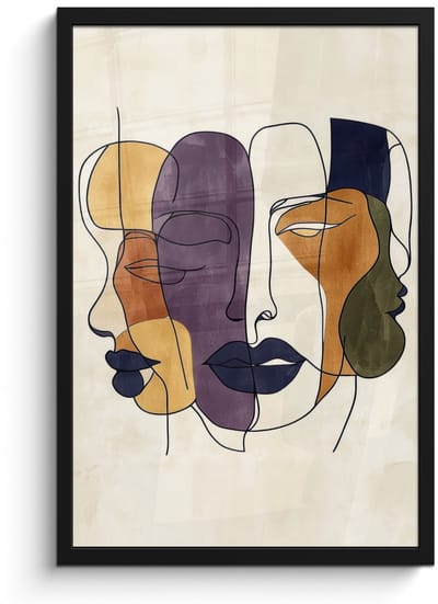 Poster in lijst - Fotolijst 40x60 cm - Posters - Abstract - Overlappende gezichten - Paars - Donkergroen - Posterlijst zwart - Decoratie - Wanddecoratie woonkamer - Muurdecoratie slaapkamer