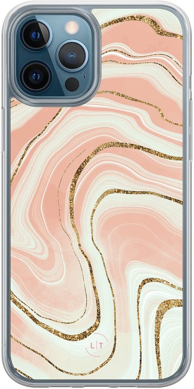 Hoesje geschikt voor iPhone 12 - Marmer peach - 2in1 backcover - Marmer - Multi - Leuke Telefoonhoesjes