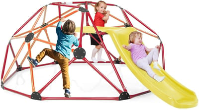COSTWAY Klimkkoepel met glijbaan, klimrek in koepelvorm met stoffen platform, 180 kg belastbaarheid, outdoor en indoor speelplaats voor kinderen vanaf 3 jaar (oranje + rood, Ø 183 cm)
