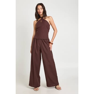 boohoo Dames Linnen-look Kralentop Met Halternek En Wijde Slouchy Broek Co-ord | Chocoladebruin | Maat: 36