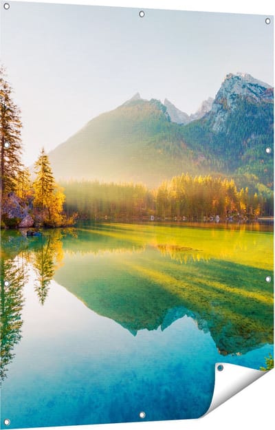 Gards Tuinposter Zonsopgang bij het Meer in de Herfst - 90x120 cm - Tuindoek - Tuindecoratie - Wanddecoratie buiten - Tuinschilderij