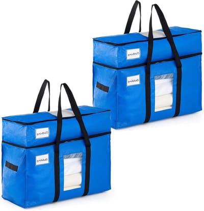 Dubbele Laag Verhuiszakken Extra Groot met Sterke Handvatten en Ritsen - Ideaal voor Verhuizen, Kledingopslag en Waszakken (Blauw, 2 Stuks)
