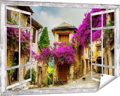 Gards Tuinposter Doorkijk Frans Dorpje - 120x80 cm - Tuindoek - Tuindecoratie - Wanddecoratie buiten - Tuinschilderij