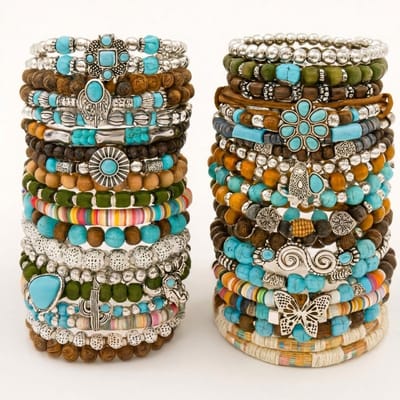 Set van 40 kralen armbanden voor heren en dames – multicolor – diverse designs met metalen details – unisex