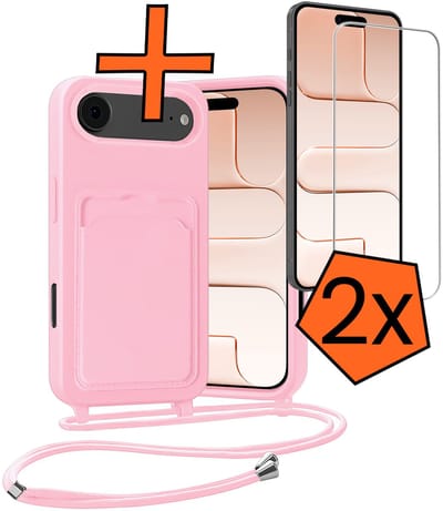 Hoesje Geschikt voor iPhone Air Hoesje Met Telefoonketting Pasjeshouder Case Met 2x Screenprotector Koord - Hoesje Geschikt voor iPhone Air Hoes Met Kaarthouder - Lichtroze