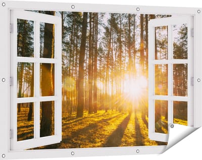 Gards Tuinposter Doorkijk Zonsopkomst in het Bos tussen de Bomen - 120x80 cm - Tuindoek - Tuindecoratie - Wanddecoratie buiten - Tuinschilderij